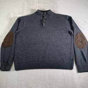 Chaps Sweater Mens Large Gray Henley Mock Neck‎ Elbow Patch Cotton Knit Pullover